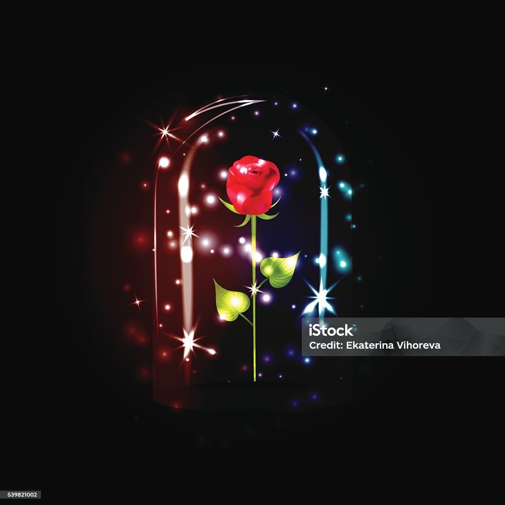 Fairy red rose under a glass dome Fairy red rose with sparkle under a glass dome on black background. The Beauty and the Beast story. Backgrounds stock vector Fairy red rose under a glass dome Fairy red rose with sparkle under a glass dome on black background. The Beauty and the Beast story. Backgrounds stock vector