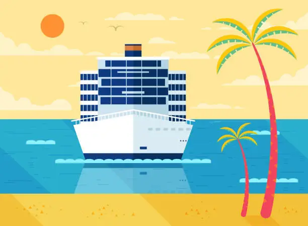 Vector illustration of illustration of cruise ship in sea, front view, near beach