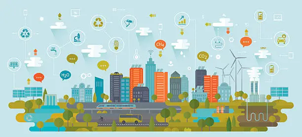 Vector illustration of Smart Green City Using Alternative Energy Sources Including Icons