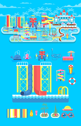 Vector illustration set elements water park, outdoor water park, water park with water slide, entertainment in water park, fountain in water park, water slide at water park flat style to info graphic