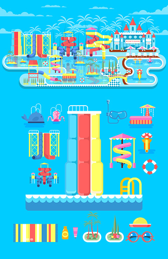 Vector illustration set elements water park, outdoor water park, water park with water slide, entertainment in water park, fountain in water park, water slide at water park flat style to info graphic