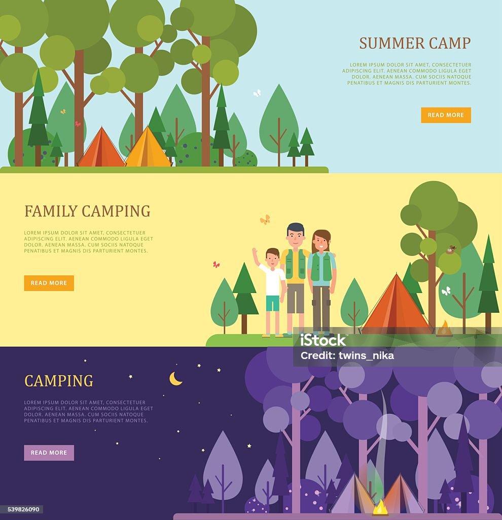 Set of tourist banners for summer and family camping. Set of tourist banners for summer and family camping. Flat style. Vector template with camping scenes with place for text. Night landscape. Perfect for website banners and promotional materials. Child stock vector