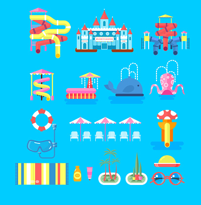 Vector illustration set elements water park, outdoor water park, water park with water slide, entertainment in water park, fountain in water park, sunbeds at water park flat style to info graphic