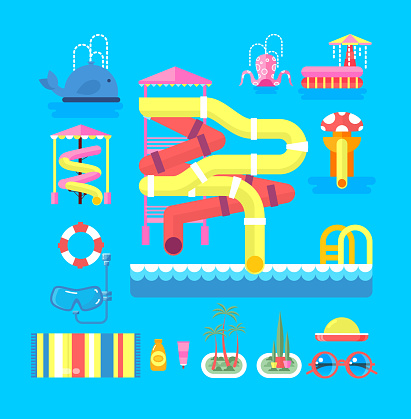 Vector illustration set elements water park, outdoor water park, water park with water slide, entertainment in water park, fountain in water park, water slide at water park flat style to info graphic