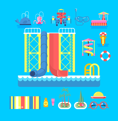 Vector illustration set elements water park, outdoor water park, water park with water slide, entertainment in water park, fountain in water park, water slide at water park flat style to info graphic