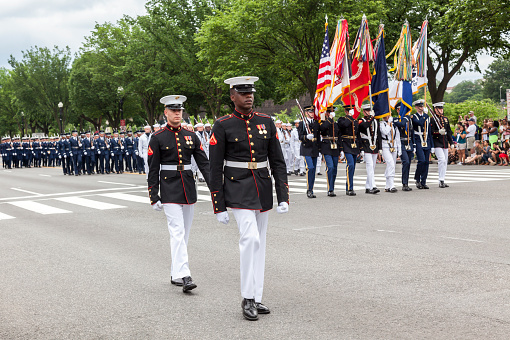 Washington D.C., USA - May 30, 2016: Military staff participate in a Memorial Day parade on Constitution Avenue in Washington D.C. The Memorial Day is a United States federal holiday observed on the last Monday of May