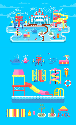 Vector illustration set elements water park, outdoor water park, water park with water slide, entertainment in water park, fountain in water park, water slide at water park flat style to info graphic