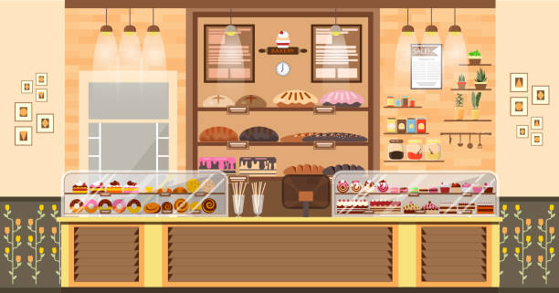 abbildung einrichtung backstube, verkauf, business-baking vertrieb, bäckerei - süßigkeit grafiken stock-grafiken, -clipart, -cartoons und -symbole