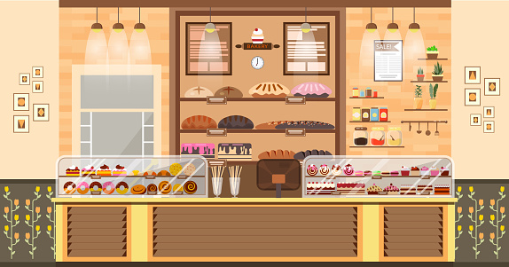 Stock vector illustration interior of bake shop, bake sale, business of baking sales, bakery and baking for production of bakery products, pastry, sweets in flat style element for infographic, website