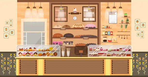 Vector illustration of illustration interior of bake shop, sale, business baking sales, bakery