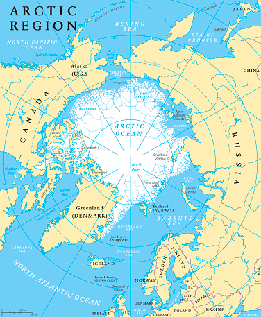 Arctic region map with countries, capitals, national borders, rivers and lakes. Arctic Ocean with average minimum extent of sea ice. English labeling and scaling. Illustration.
