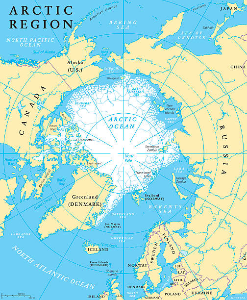Arctic Region Map Arctic region map with countries, capitals, national borders, rivers and lakes. Arctic Ocean with average minimum extent of sea ice. English labeling and scaling. Illustration. ice map stock illustrations
