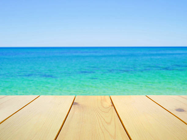 istock Wooden table on blurred clear blue ocean 539833650