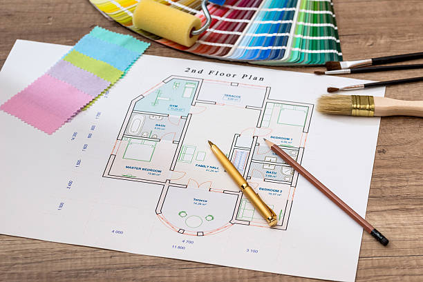 istock architectural drawings with color guide, paint roller, brushes, pencil 539833832