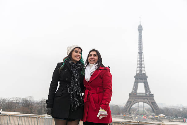 Mother and daughter in front of Eiffel Tower, Paris, France