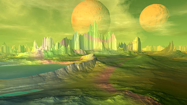 istock Fantasy alien planet. Rocks and lake. 3D illustration 539835756