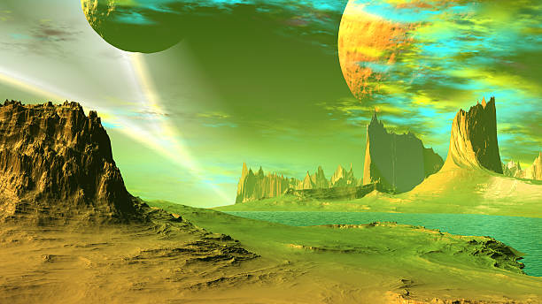 istock Fantasy alien planet. Rocks and lake. 3D illustration 539836734