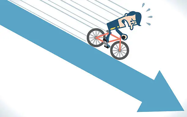 Vector illustration of Man cycling on the down arrow