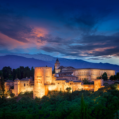 Night View of Fantastic Alhambra, European travel landmark, Spain