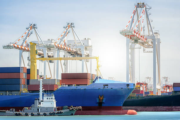 istock Tugboats assisting container cargo ship to harbor. 539844374