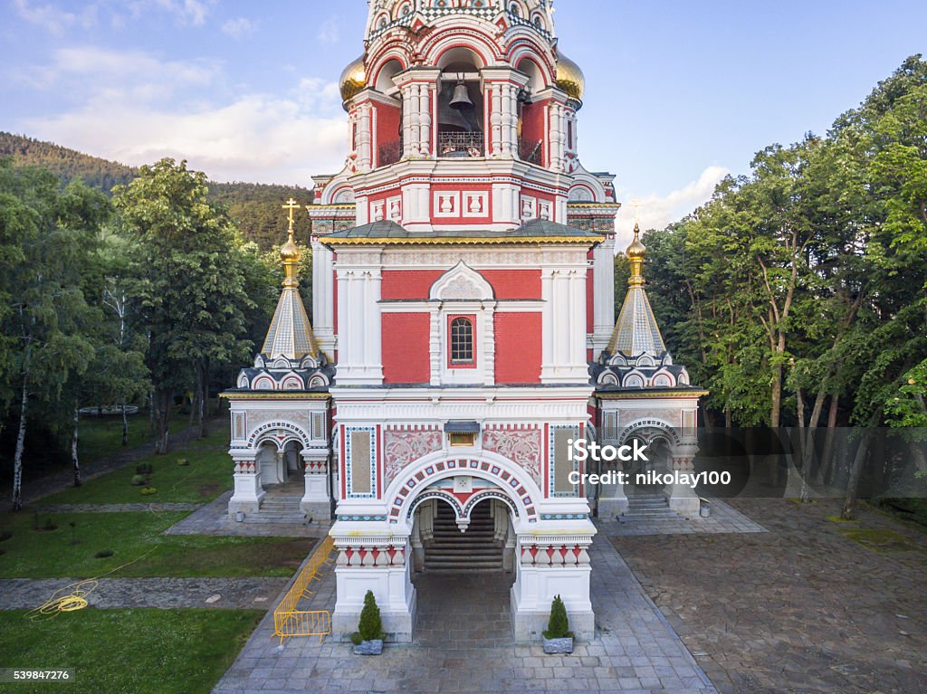 Aerial view of the Church near Shipka Aerial view of the memorial church Birth of Christ near Shipka, Bulgaria. Above Stock Photo