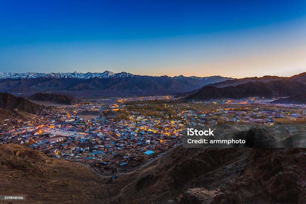 View of Leh city, the capital of Ladakh View of Leh city, the capital of Ladakh, Northern India. Leh city is located in the Indian Himalayas at an altitude of 3500 meters. Adventure Stock Photo