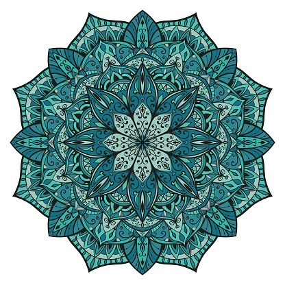 Vector filigree mandala isolated on white background. The turquoise stylized pattern.