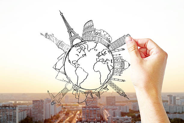 Traveling concept Traveling concept with male hand drawing globe with sights on sunlit city background pisa sculpture stock pictures, royalty-free photos & images