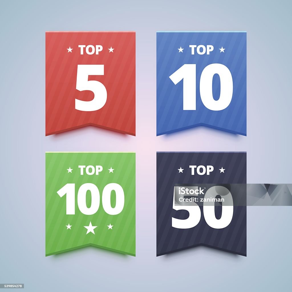 Top rating badges. Top rating badges. 5, 10, 50 and top 100 ratings. Vector illustration in flat style. On Top Of stock vector