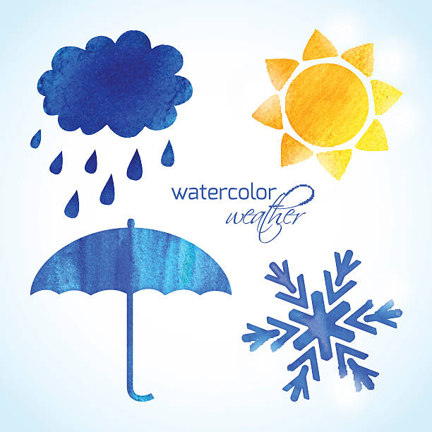 ilustrações, clipart, desenhos animados e ícones de aquarela conjunto de ícones de meteorologia - meteorology season sun illustration and painting