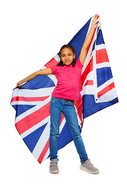 istock Happy English learner proudly hold big UK banner 539947178