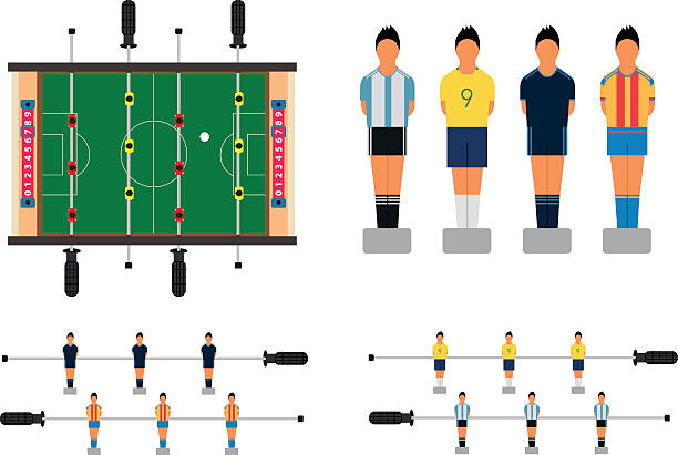 illustrazioni stock, clip art, cartoni animati e icone di tendenza di set da calcio da tavolo con calcio da calcio e personaggi calciatori. - biliardino