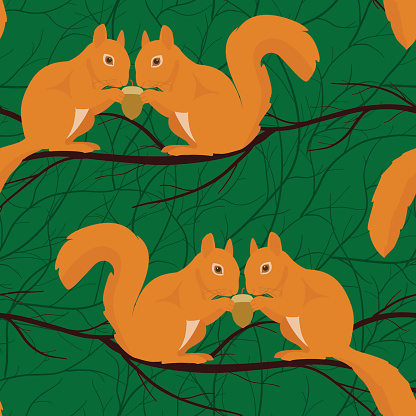 Seamless pattern with squirrel pairs sitting on the branch