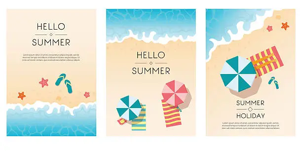 Vector illustration of Set of summer travel flyers with beach items and wave.