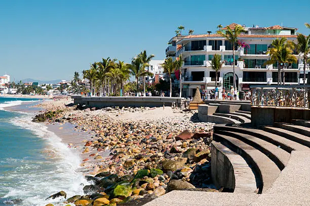 Mexico, Puerto Vallarta. Nuevo Malecon Boardwalk & Outdoor Art. The Malecon is the jewel of the town, and its main man-made tourist draw, a seawall promenade that stretches the length of downtown Vallarta from the Cuale River at the south end to the Hotel Rosita in the north, some 15-16 city blocks.