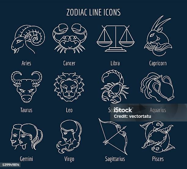 Ligne Icônes Du Zodiaque Signes Du Zodiaque De Style En Fine Ligne Vecteurs libres de droits et plus d'images vectorielles de Signes du Zodiaque