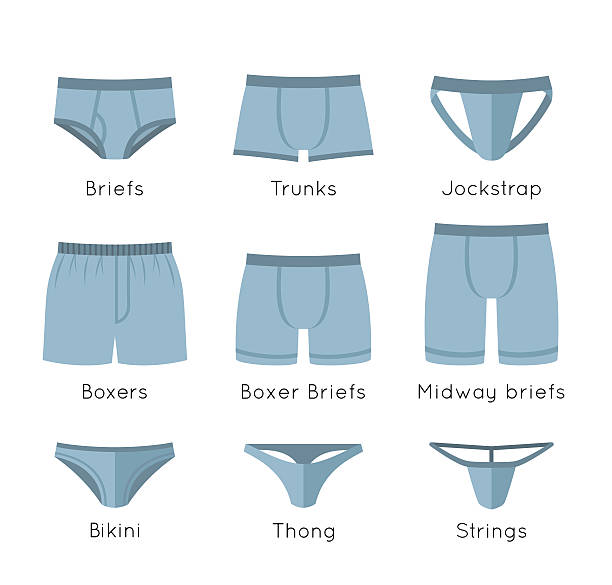 ilustraciones, imágenes clip art, dibujos animados e iconos de stock de macho tipo de ropa interior vector conjunto de iconos plana - swimming trunks illustrations