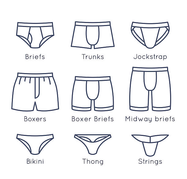 männlichen unterwäsche arten flache dünne linien-vektorsymbole set - underwear men shorts isolated stock-grafiken, -clipart, -cartoons und -symbole