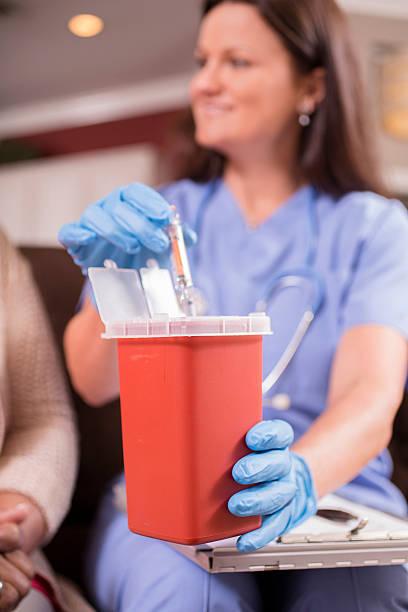 istock Nurse demonstrating proper disposal of syringes. 539949926
