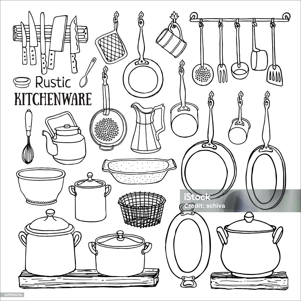 Doodle sketch of retro pots and pans on the shelves. Hand drawn vector set of  rustic kitchen. Black and white sketch of pots and pans on the shelves isolated on white background. Doodle illustration of dishes in country style Backgrounds stock vector