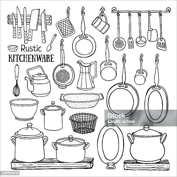 Doodle Sketch Of Retro Pots And Pans On The Shelves Stock Illustration - Download Image Now