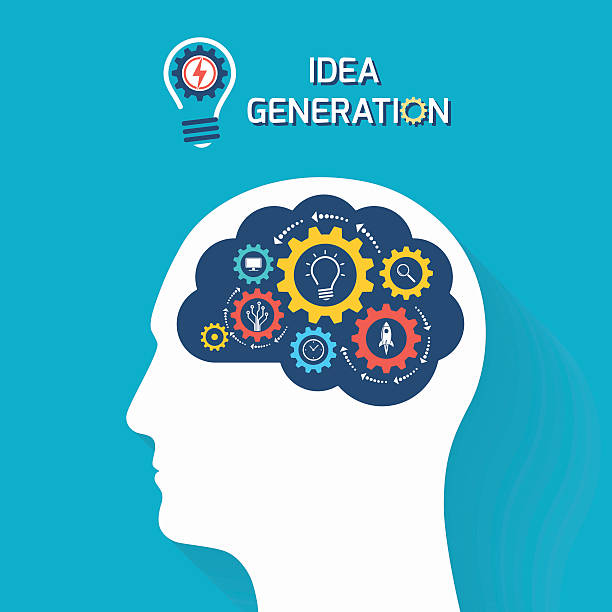 Idea generation and startup business concept Idea generation and startup business concept. Human head with brain and gears. Infographic template. Vector illustration. inspiration silhouettes stock illustrations