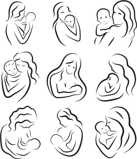 illustrations, cliparts, dessins animés et icônes de ensemble silhouette esquisse mère et enfant, mère tenant un bébé. - nature human pregnancy vector mother