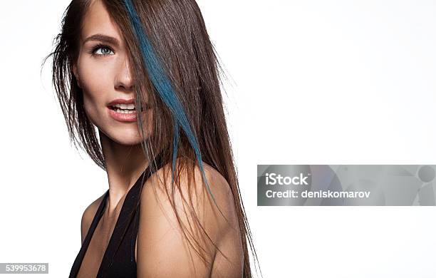 Woman With Color Blue On A Strand Of Long Hair Stock Photo - Download Image  Now - Dyed Hair, Multi Colored, Teenage Girls - iStock