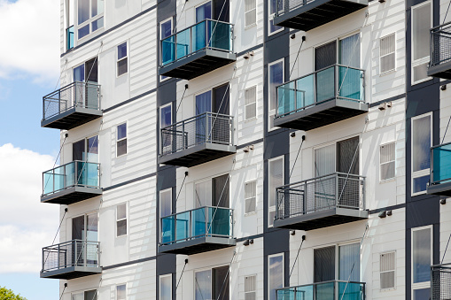 View of new apartment balconies in the city. Modular architecture.