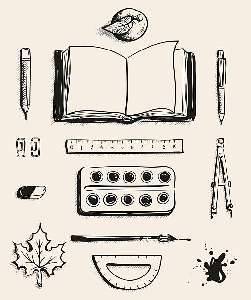 illustrations, cliparts, dessins animés et icônes de définir les fournitures de bureau de l’école vue de dessus - ruler ballpoint pen pen isolated