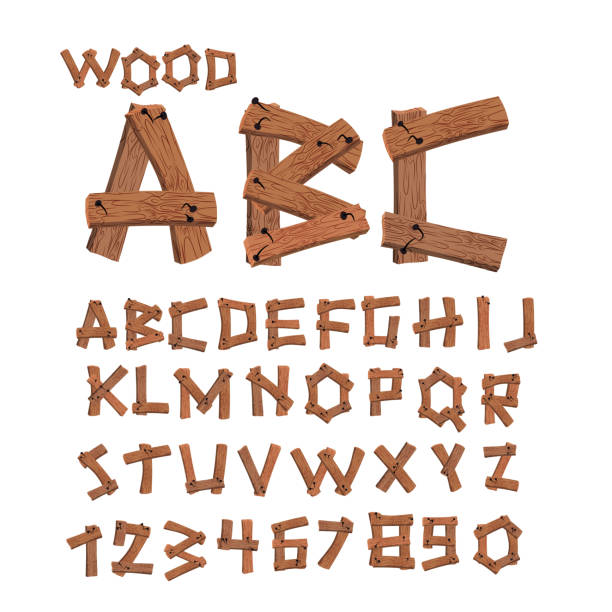 ilustraciones, imágenes clip art, dibujos animados e iconos de stock de fuente de madera. placas de letra del alfabeto. tablas de madera con clavos alphabe - text wood alphabet nature