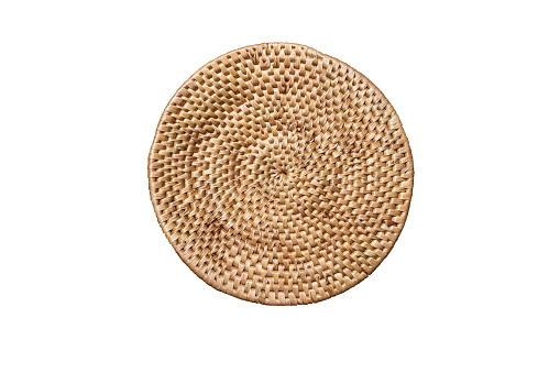 Round handmade weave rattan tray or seating surface texture, isolated on white background