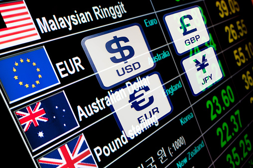 currency icons signs exchange rate on digital display board