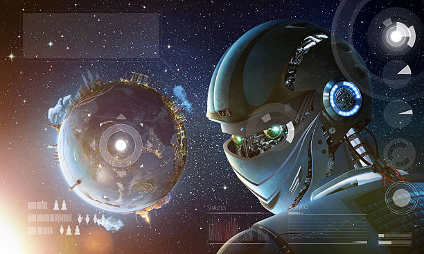 istock Robot stylish looking back with planet Earth from space. 539963024